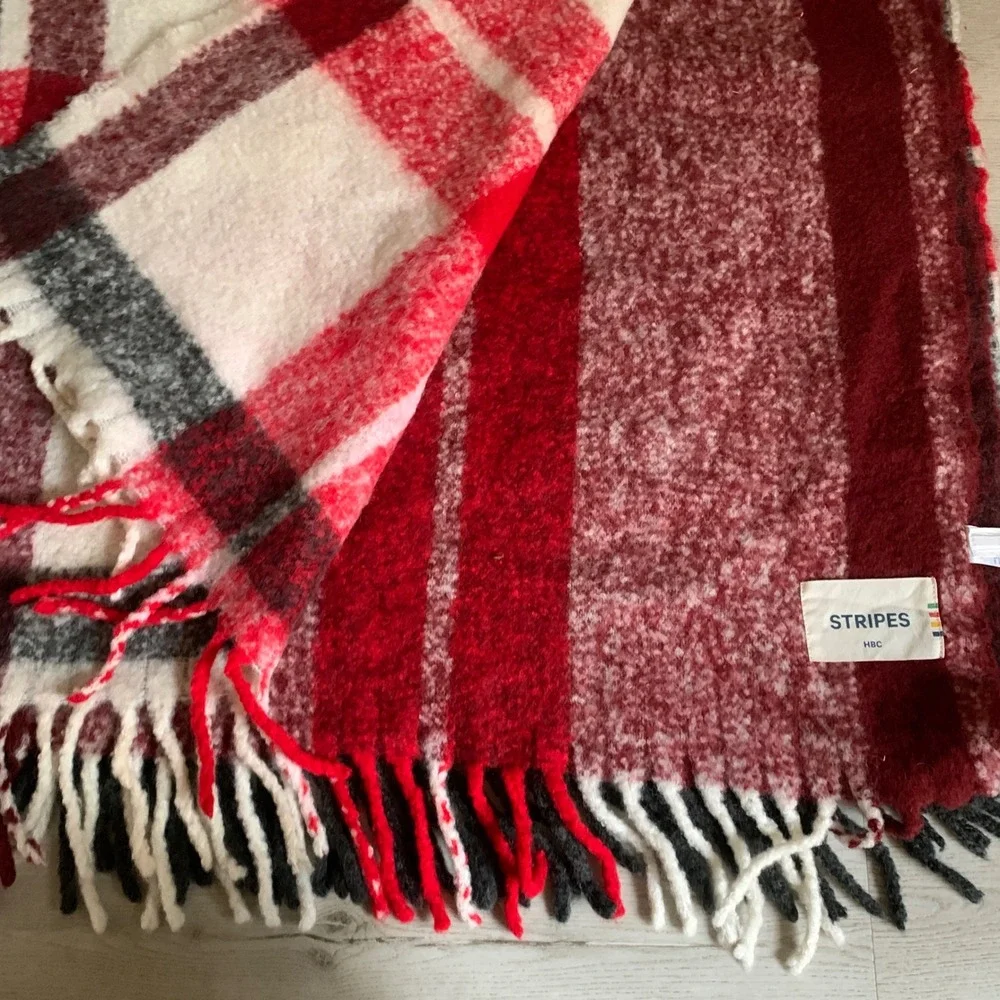 STRIPES HBC Red Plaid Wool Blend Fringe Throw Blanket 59x46‎ hme decor